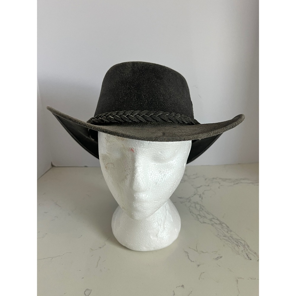 Hadzam Mens Leather Cowboy Hat Suede Outback Braided Band Gray Small